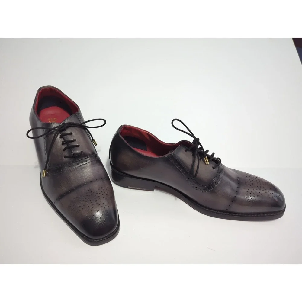 Lethato Men's Dress 9.5 Shoes Leather Medallion Toe Brogue Oxford Gray luxury